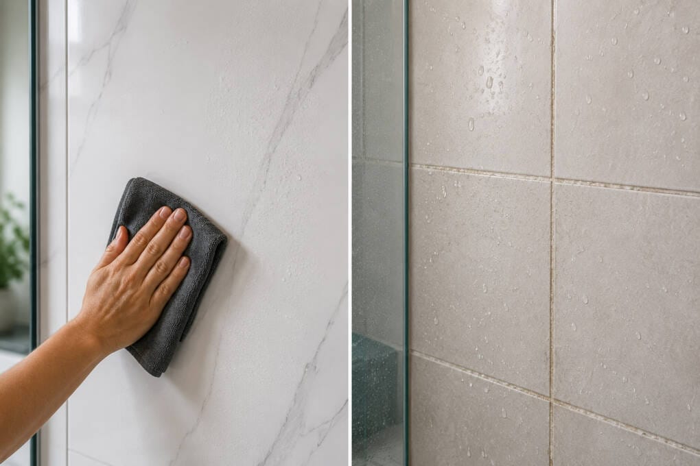 Grout-free wet wall panel maintenance compared with tiled shower grout