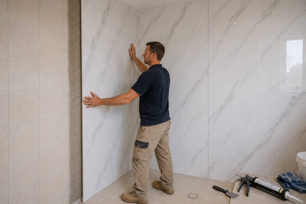 Installing wet wall panels over existing bathroom tiles in a Perth renovation