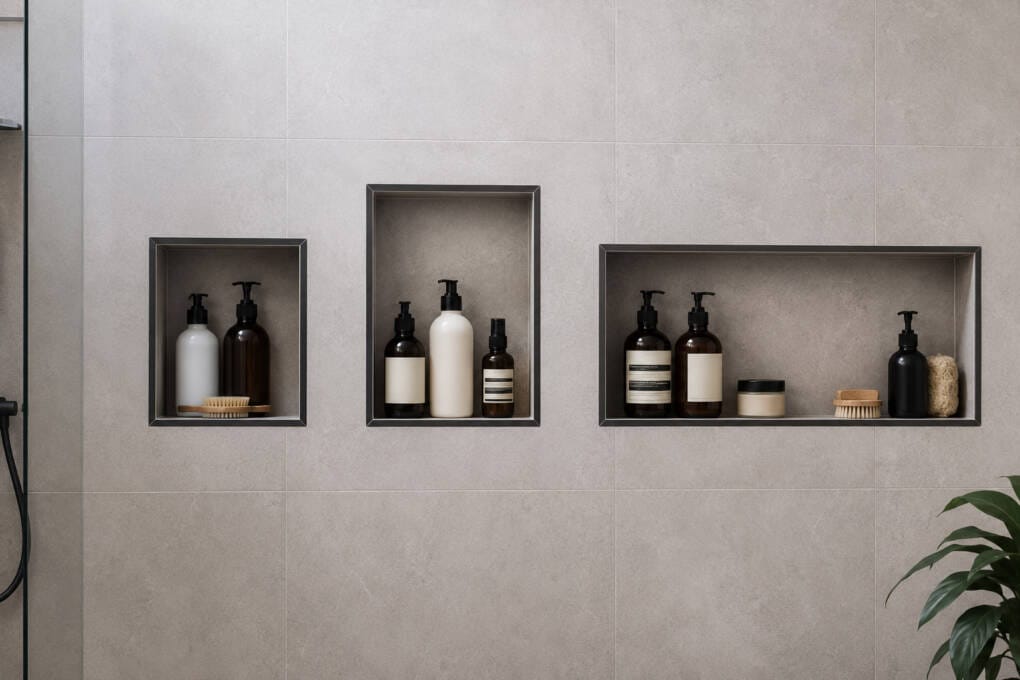 Standard shower niche sizes compared with bathroom bottles for scale