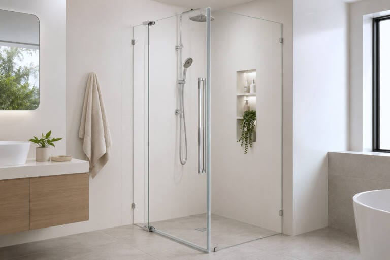 Frameless corner shower screen with pivot door and return panel in a Perth bathroom