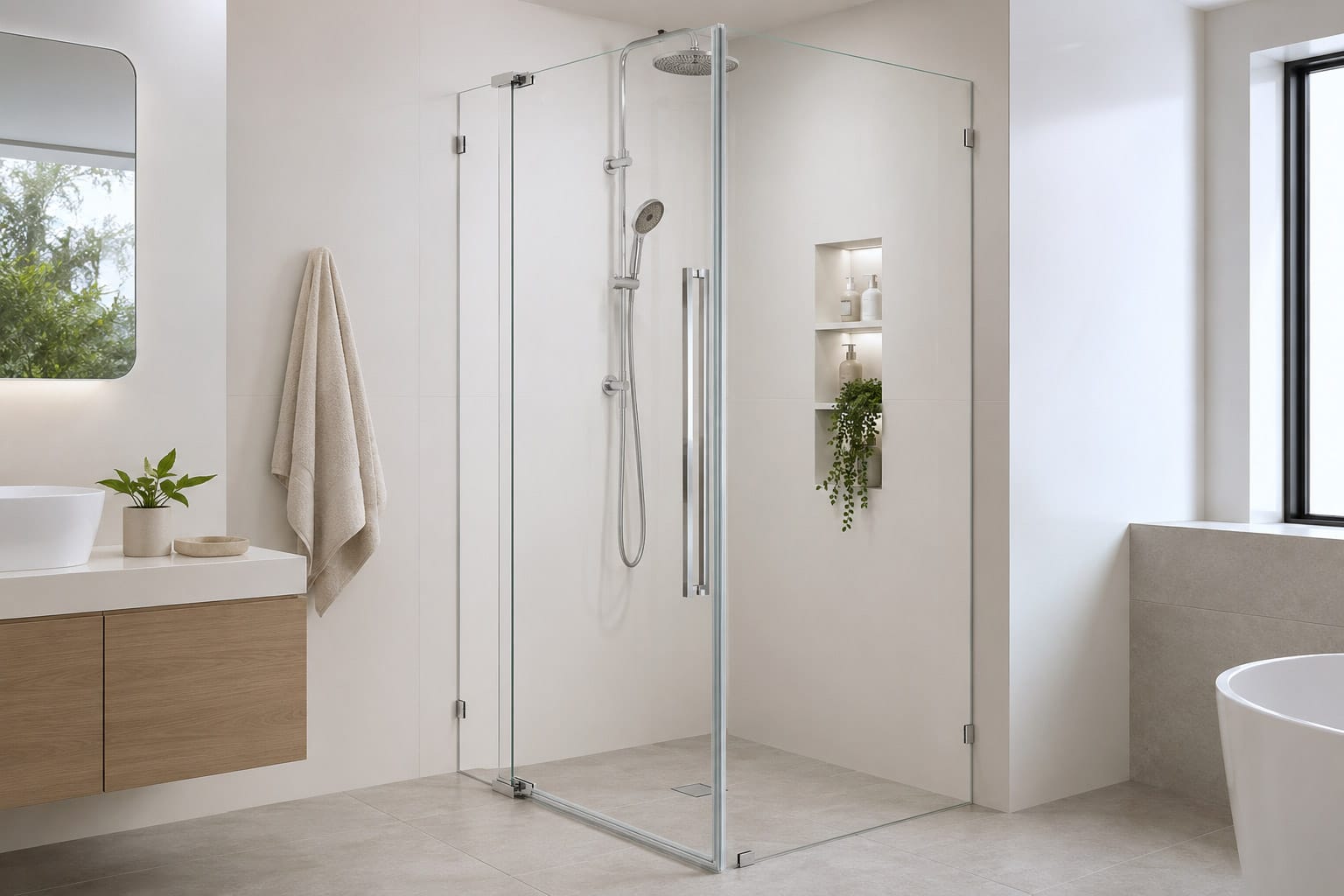 Frameless corner shower screen with pivot door and return panel in a Perth bathroom