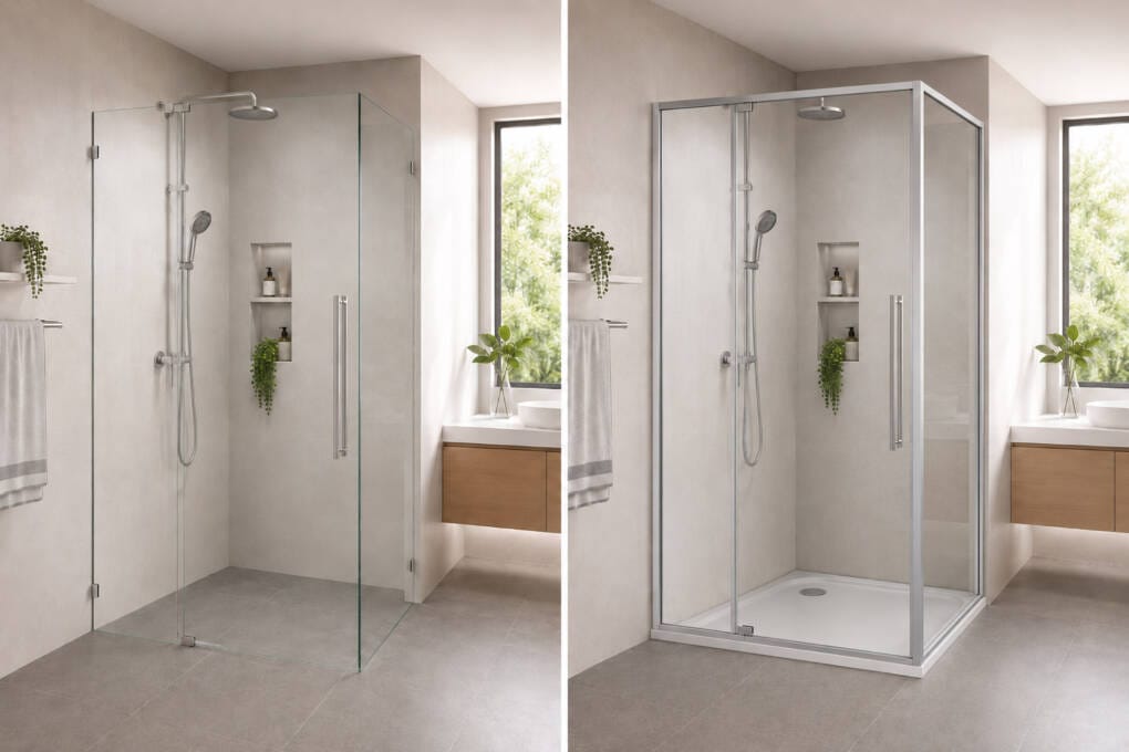 Frameless and semi-frameless corner shower screens compared side by side