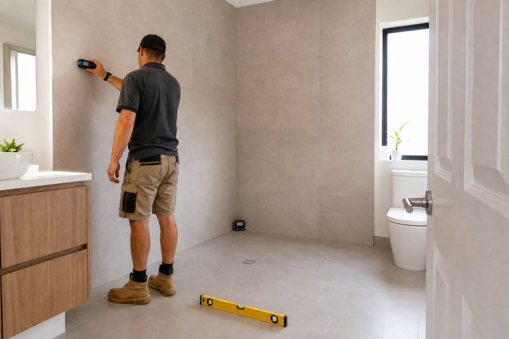 Checking wall measurements and squareness for a frameless corner shower screen