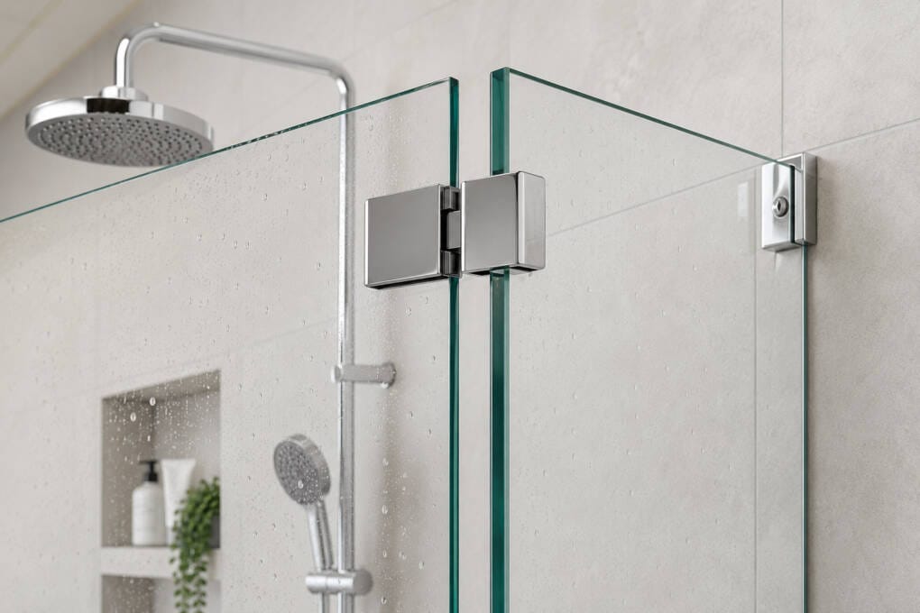 10mm frameless shower glass with stainless steel pivot hardware