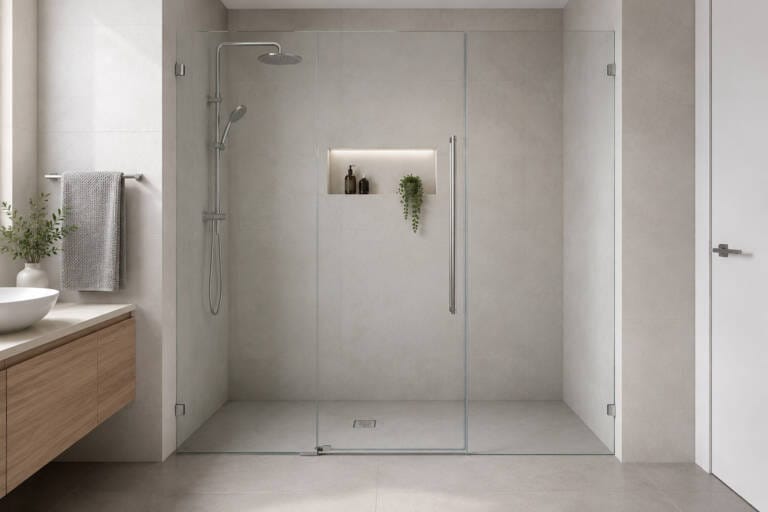 Wall-to-wall frameless shower screen spanning a tiled bathroom alcove in Perth
