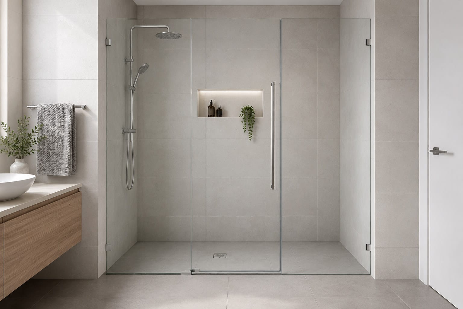 Wall-to-wall frameless shower screen spanning a tiled bathroom alcove in Perth
