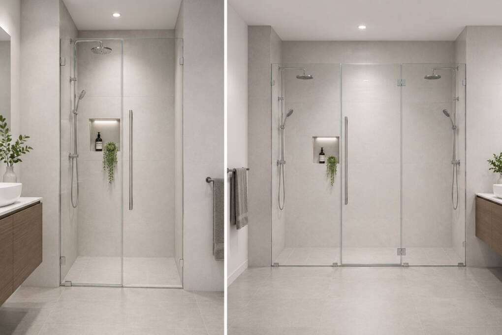 Standard and wide wall-to-wall shower screen configurations compared