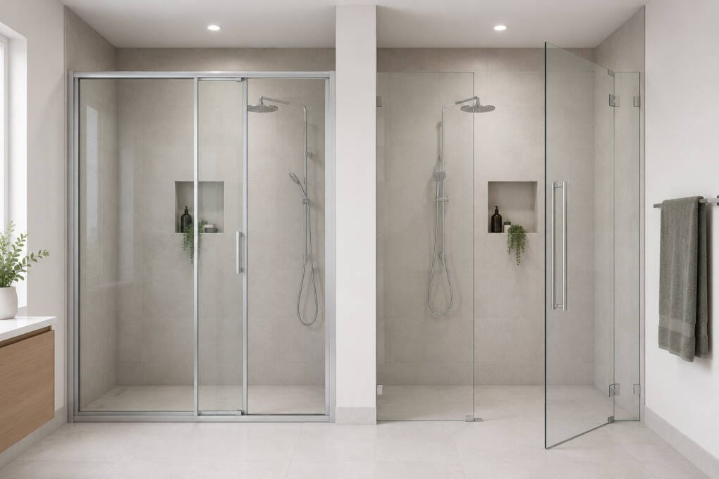 Sliding and centre-pivot wall-to-wall shower screens compared in bathroom alcoves