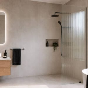 Fluted glass shower screen in a modern Perth bathroom