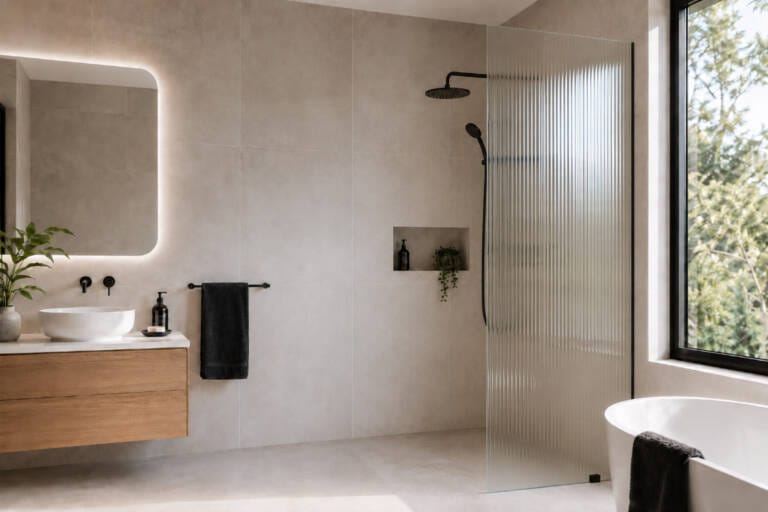 Fluted glass shower screen in a modern Perth bathroom