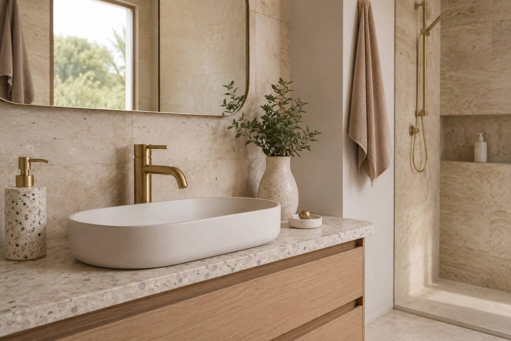 Brushed gold bathroom tapware paired with travertine-look tiles and timber