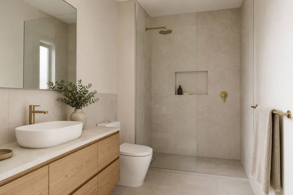 Gold bathroom fixtures used as balanced accents in a modern bathroom
