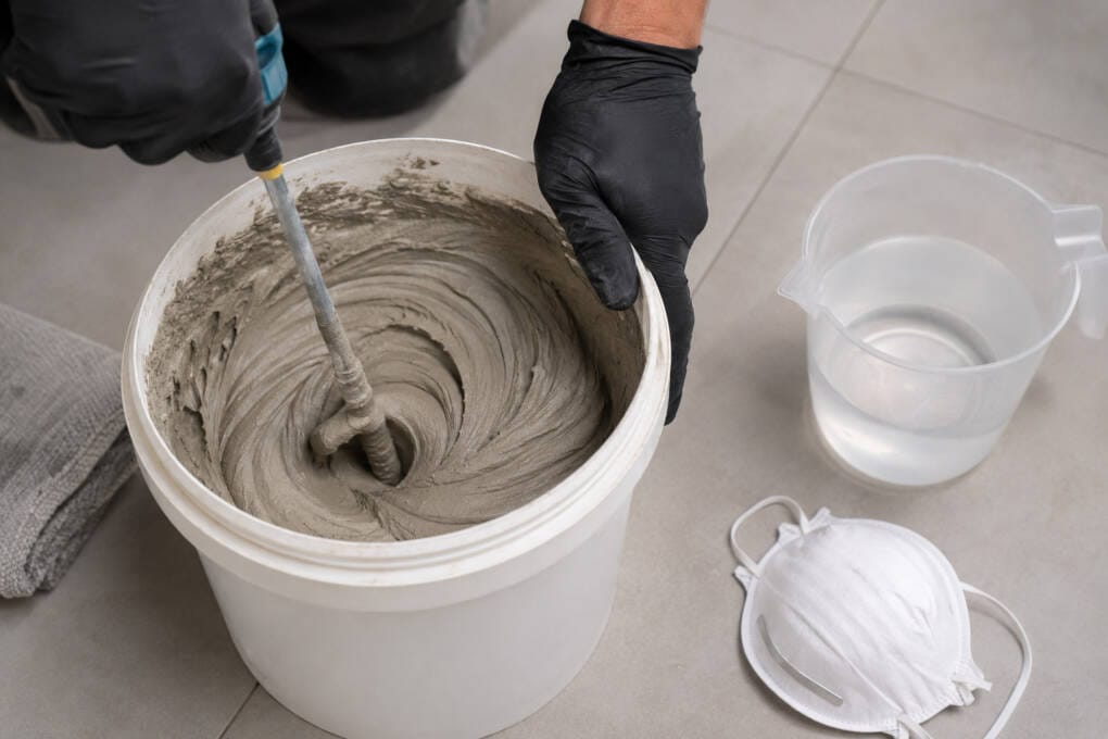 Mixing tile grout to a smooth toothpaste-like consistency