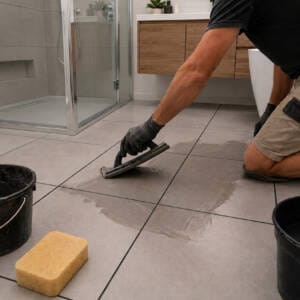 DIY renovator applying grout to floor tiles with a rubber grout float