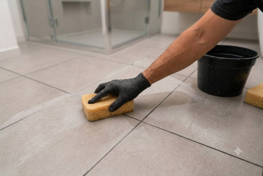 Removing fresh grout haze from tiles with a damp grout sponge