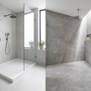 A side-by-side comparison of a modern white shower base and a seamless tiled shower floor in a Perth bathroom renovation