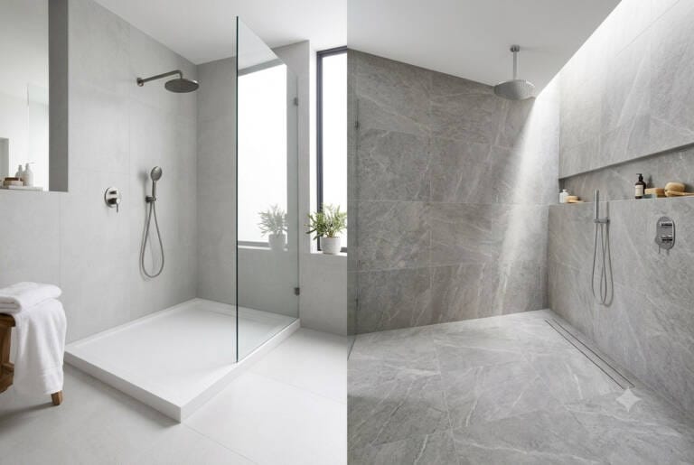 A side-by-side comparison of a modern white shower base and a seamless tiled shower floor in a Perth bathroom renovation