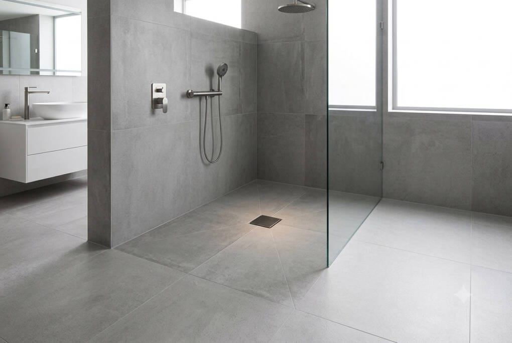 A modern walk-in bathroom featuring a tileable shower base tray for a seamless tiled floor look with built-in waterproofing.