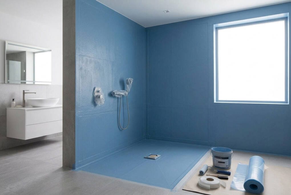 A professionally waterproofed shower recess recess prepared with a liquid membrane compliant with Australian Standards AS 3740.