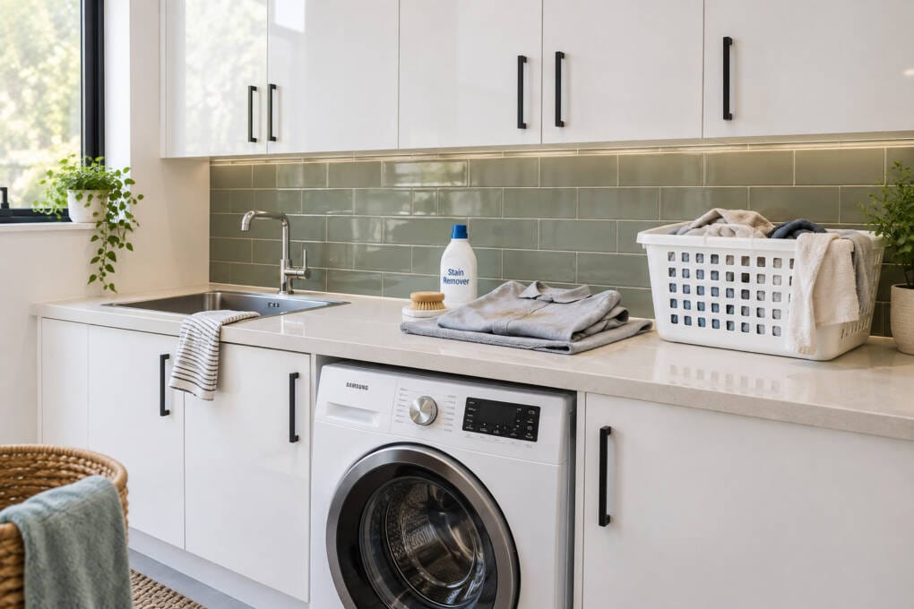 Clear laundry benchtop kept free for sorting, stain treatment and folding