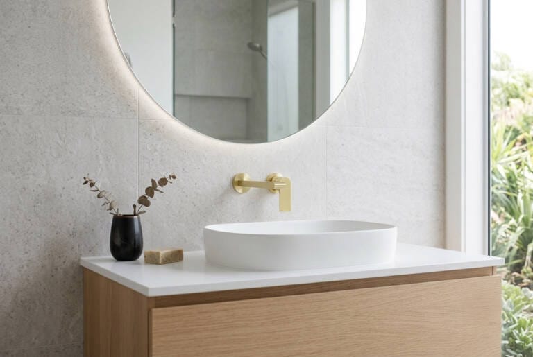 A luxury brushed gold two-piece basin tap set featuring a spout and mixer installed on a modern timber vanity.