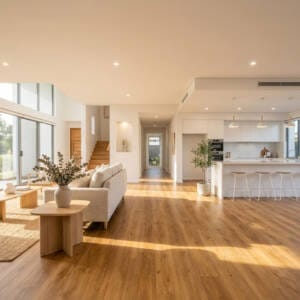 High-quality, durable SPC hybrid flooring installed throughout an open-plan living and kitchen area of a Perth rental property
