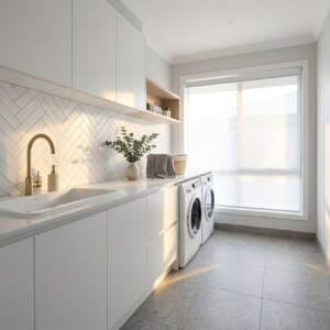 A stylish modern laundry room in a Perth home featuring terrazzo-look floor tiles and a herringbone subway tile splashback.