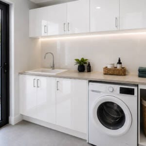 Affordable laundry renovation in a Perth home with practical cabinets and benchtop